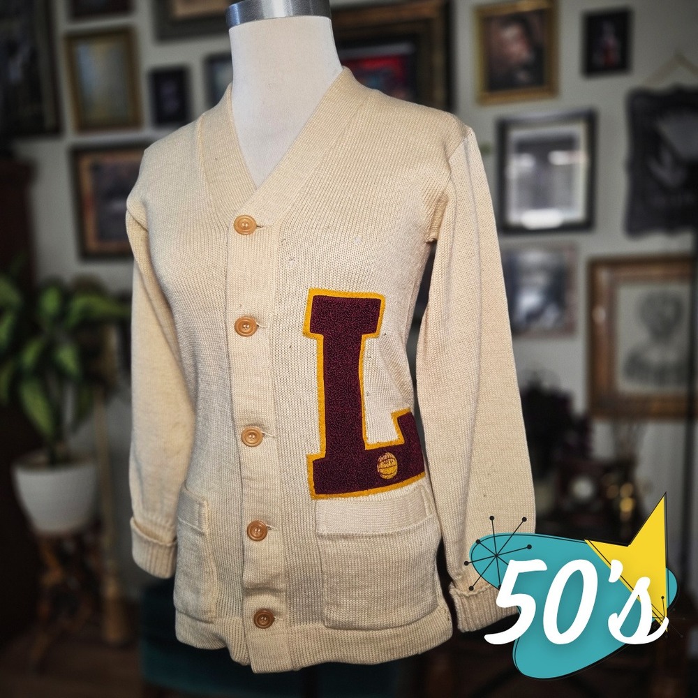 Sand Knit Letterman Cardigan Sweater Vintage 1950s Varsity Chenille Patch L Sml